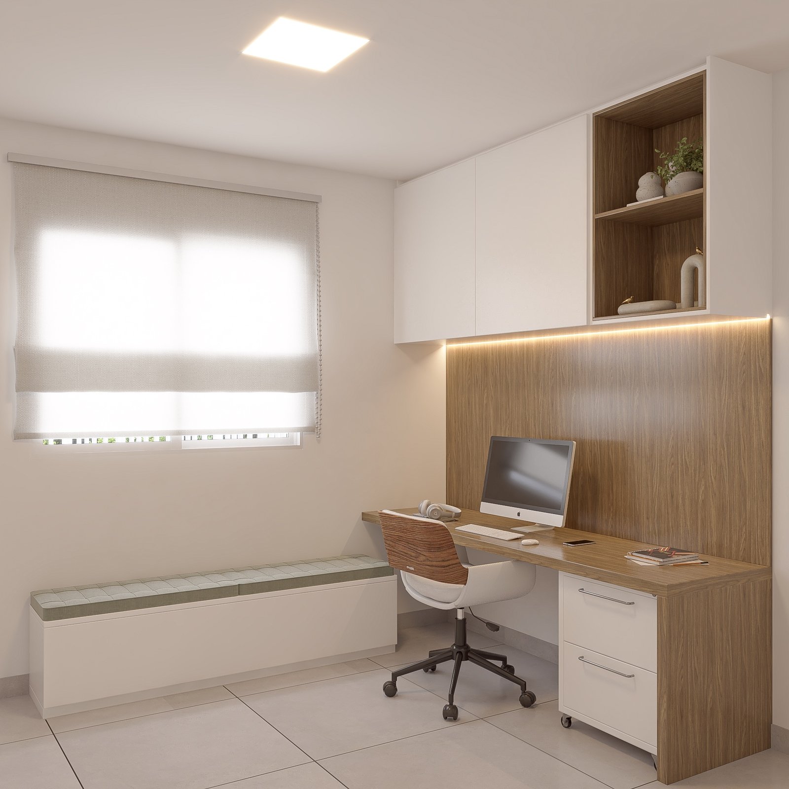 Home office com painel de madeira e iluminação embutida — TAP Studio Criativo