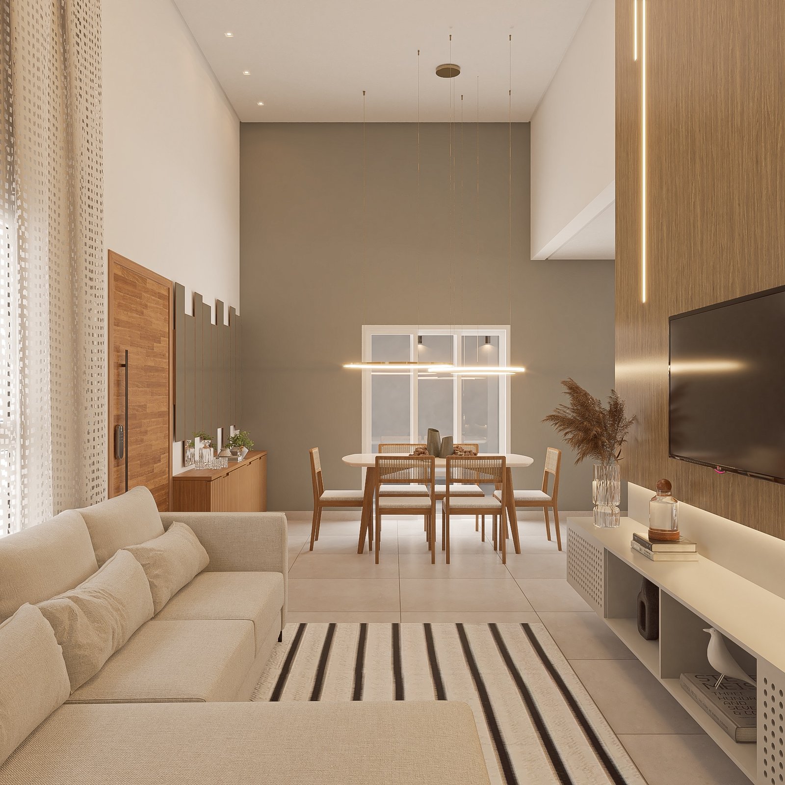 Sala de estar com pé direito duplo — projeto residencial TAP Studio Criativo