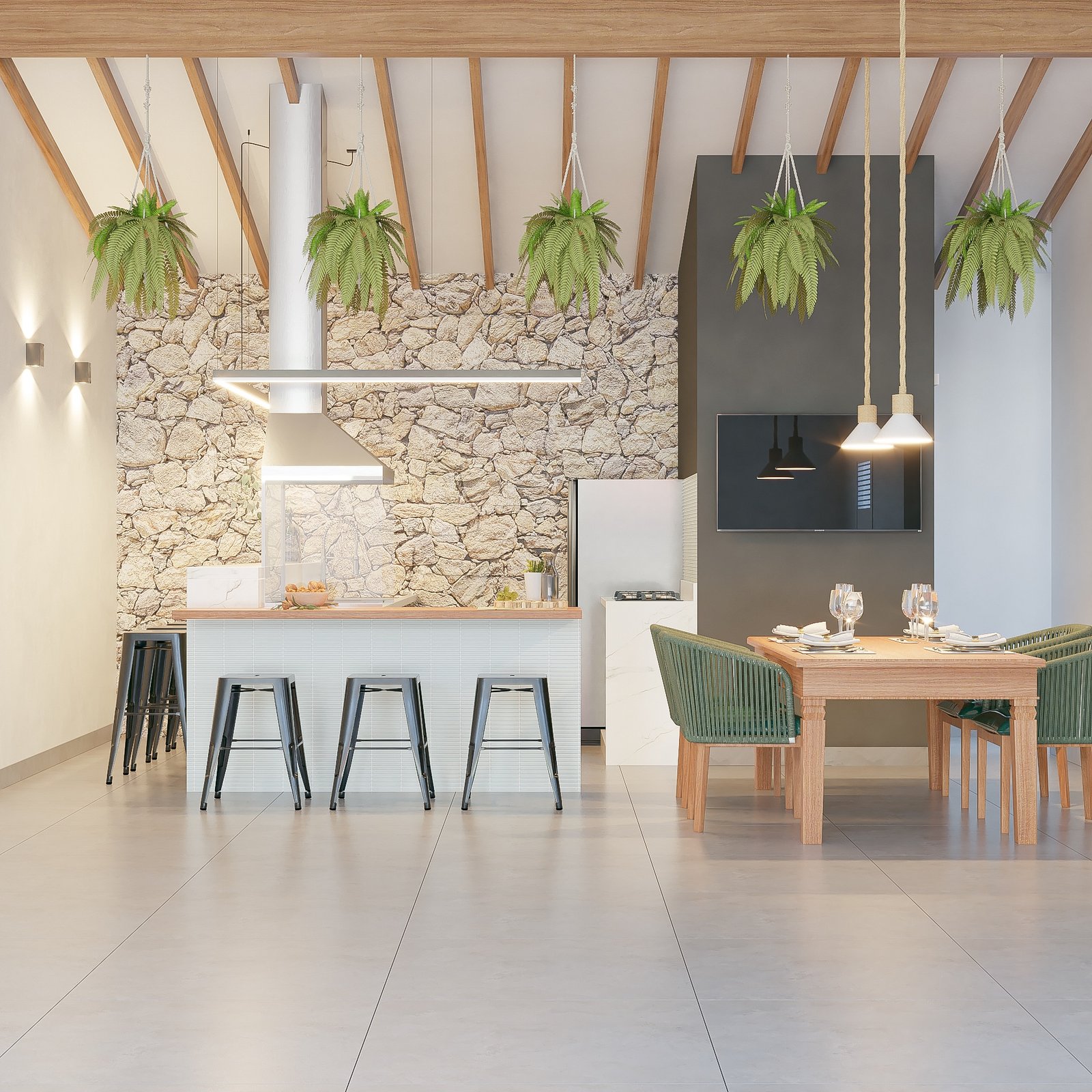 Área gourmet com pedra e vigas — projeto residencial em Marília-SP por TAP Studio Criativo